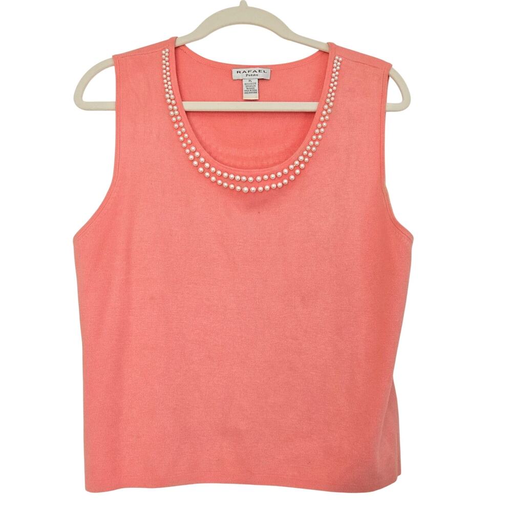 Rafael Peach Feminine Tank Top Pearl Embellished Neckline Sleeveless L Petite